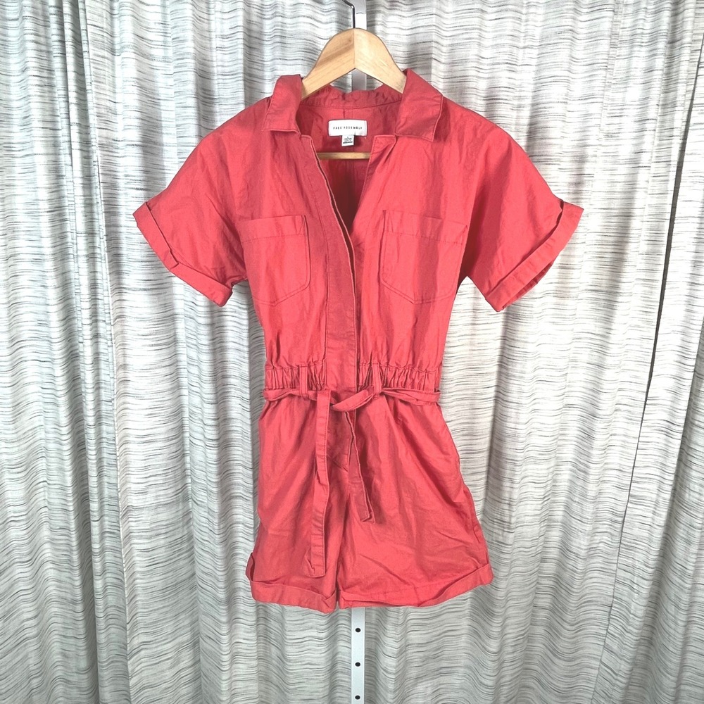 Free Assembly Girls Utility Romper Coral Red Short Sleeve Belted Size Lโ 10/12